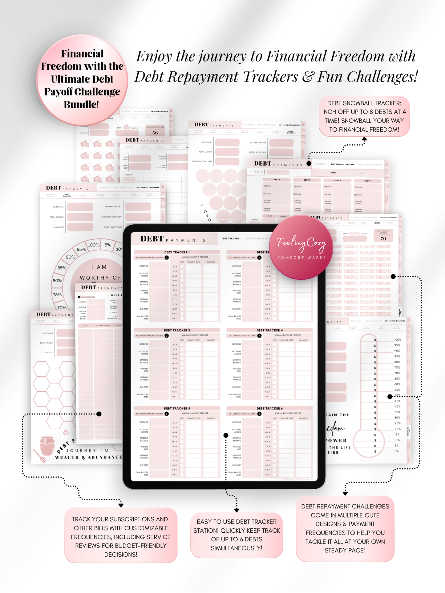 Aesthetic pink digital debt payoff challenge bundle for iPad — debt snowball tracker for up to 8 debts, 6-debt tracking station, progress thermometers, and motivational affirmations for Goodnotes and Notability by Feeling Cozy