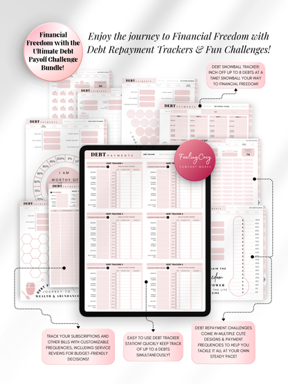Aesthetic pink digital debt payoff challenge bundle for iPad — debt snowball tracker for up to 8 debts, 6-debt tracking station, progress thermometers, and motivational affirmations for Goodnotes and Notability by Feeling Cozy