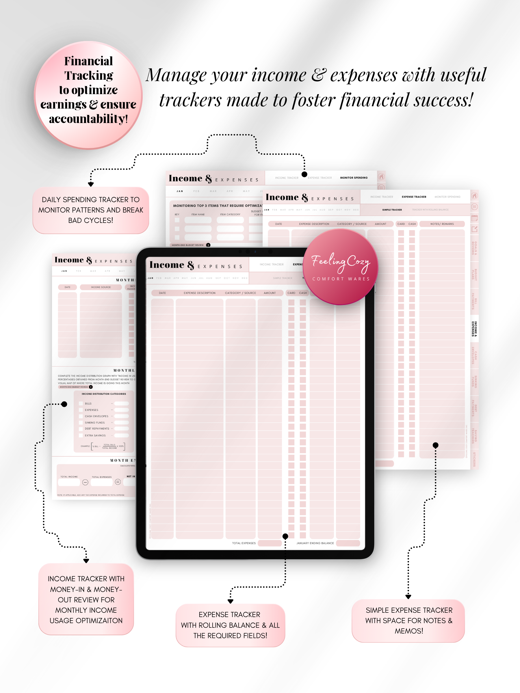 Pink aesthetic digital income and expense tracker for iPad — daily spending log, rolling balance expense tracker, and monthly income review for GoodNotes and Notability by Feeling Cozy