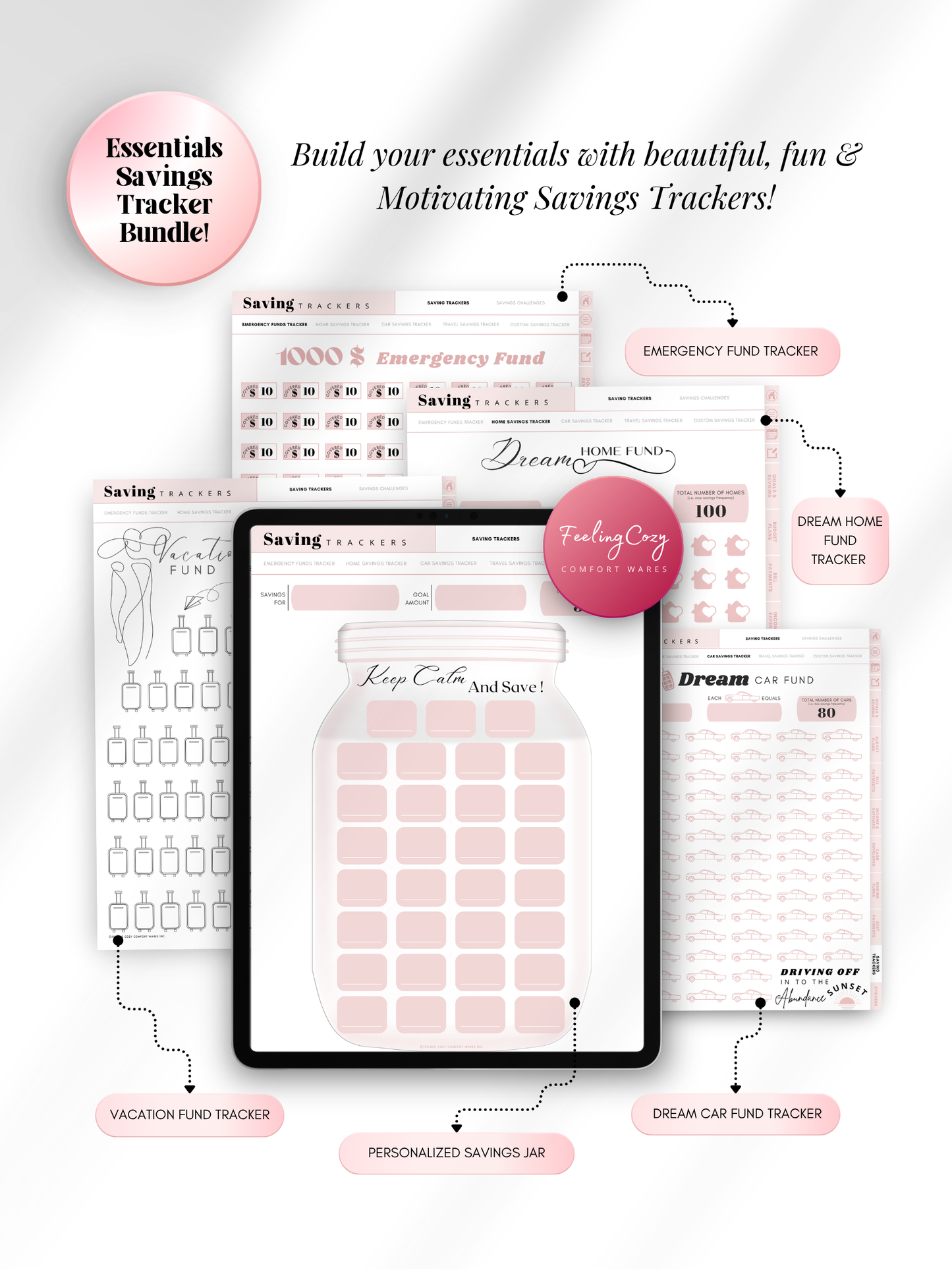 Pink aesthetic digital savings tracker bundle for iPad — personalized savings jar, emergency fund tracker, vacation fund, dream home and dream car fund trackers for Goodnotes and Notability by Feeling Cozy
