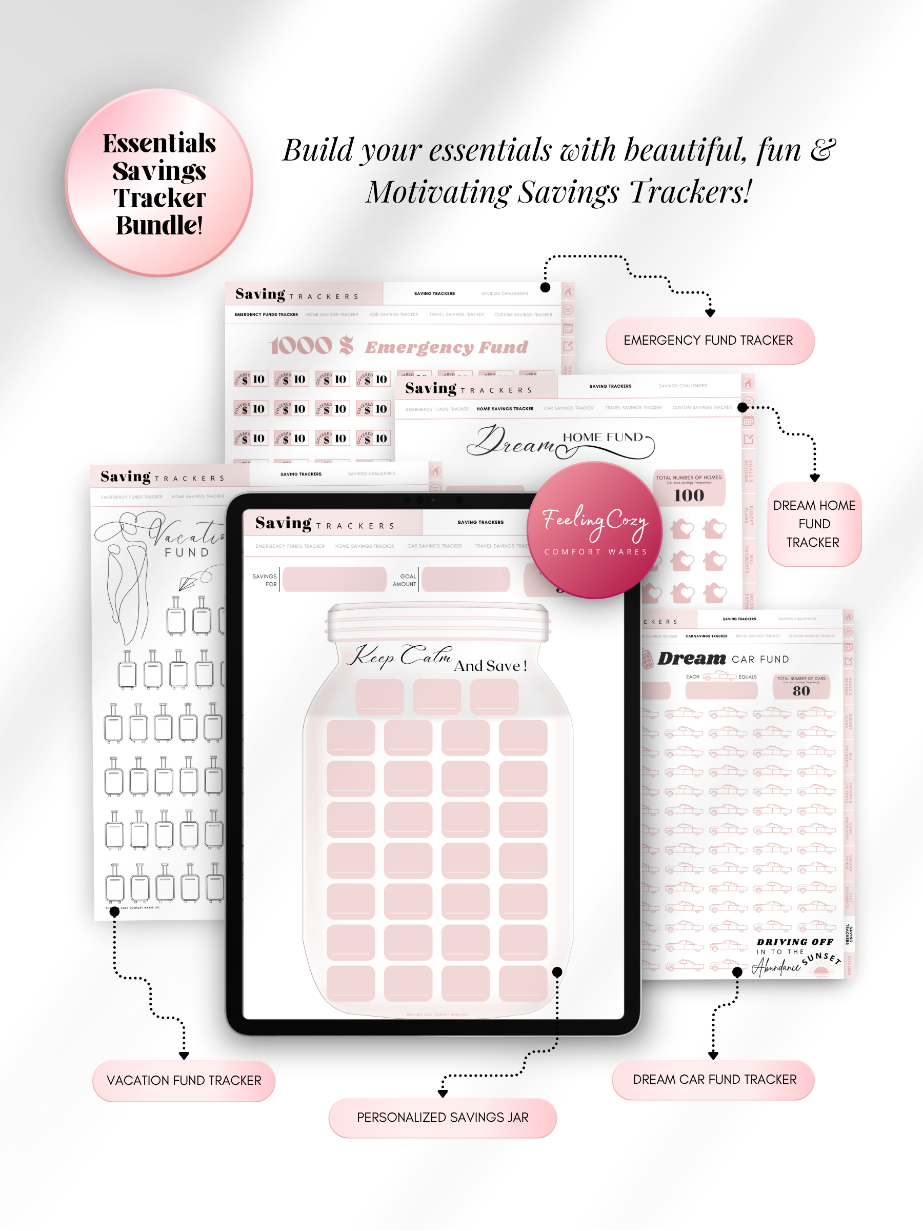 Pink aesthetic digital savings tracker bundle for iPad — personalized savings jar, emergency fund tracker, vacation fund, dream home and dream car fund trackers for Goodnotes and Notability by Feeling Cozy