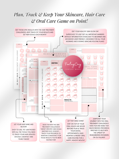 Dusted pink aesthetic Glow-Up Planner beauty journal pages, skincare, hair care and oral care routine tracker, printable PDF by Feeling Cozy