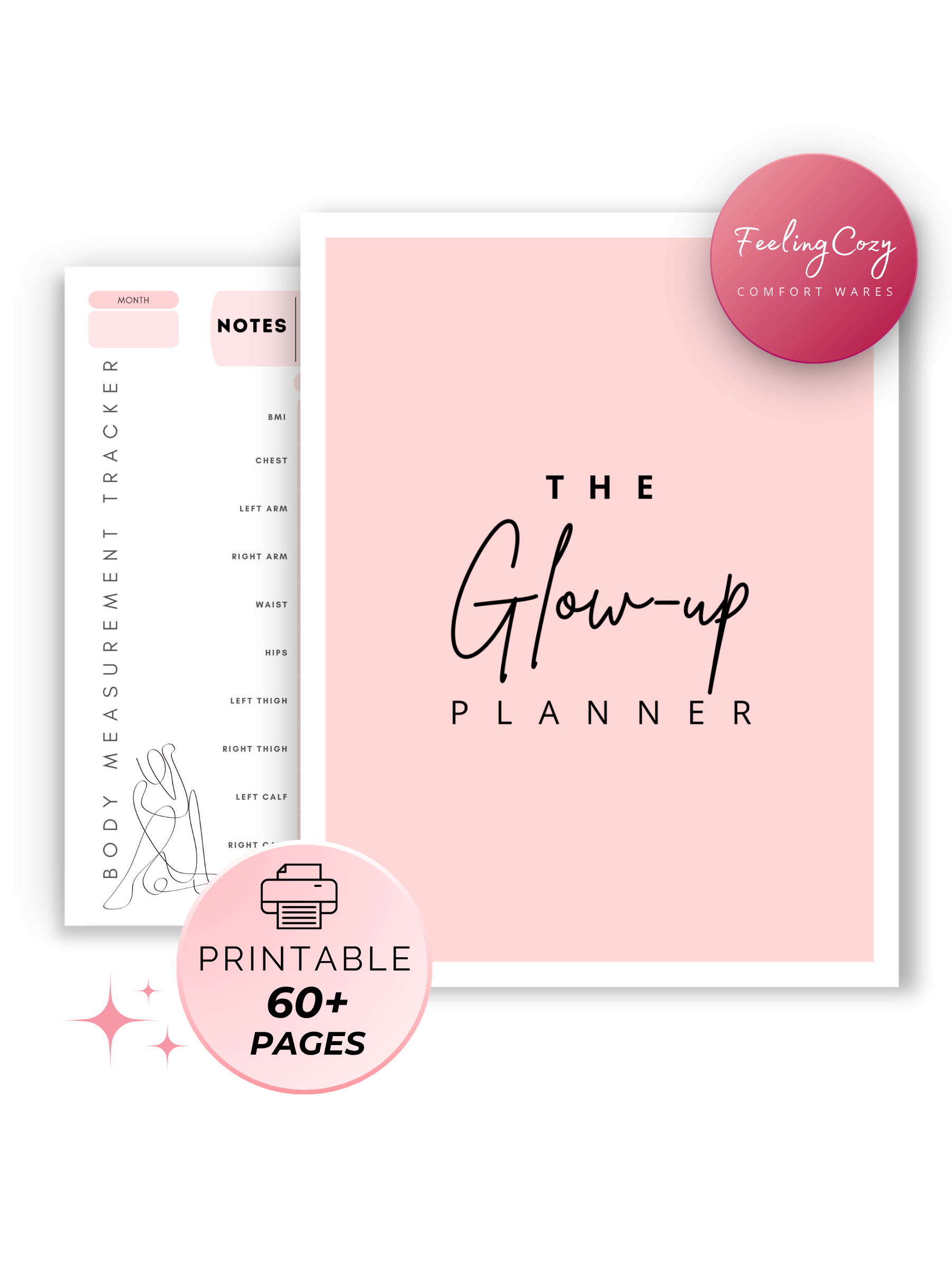 Dusted pink aesthetic Glow-Up Planner cover, printable PDF, 60+ pages fitness diet skincare mindset planner by Feeling Cozy
