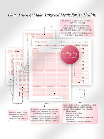 Dusted pink aesthetic Glow-Up Planner diet journal pages, weekly meal planner and grocery list tracker, printable PDF by Feeling Cozy