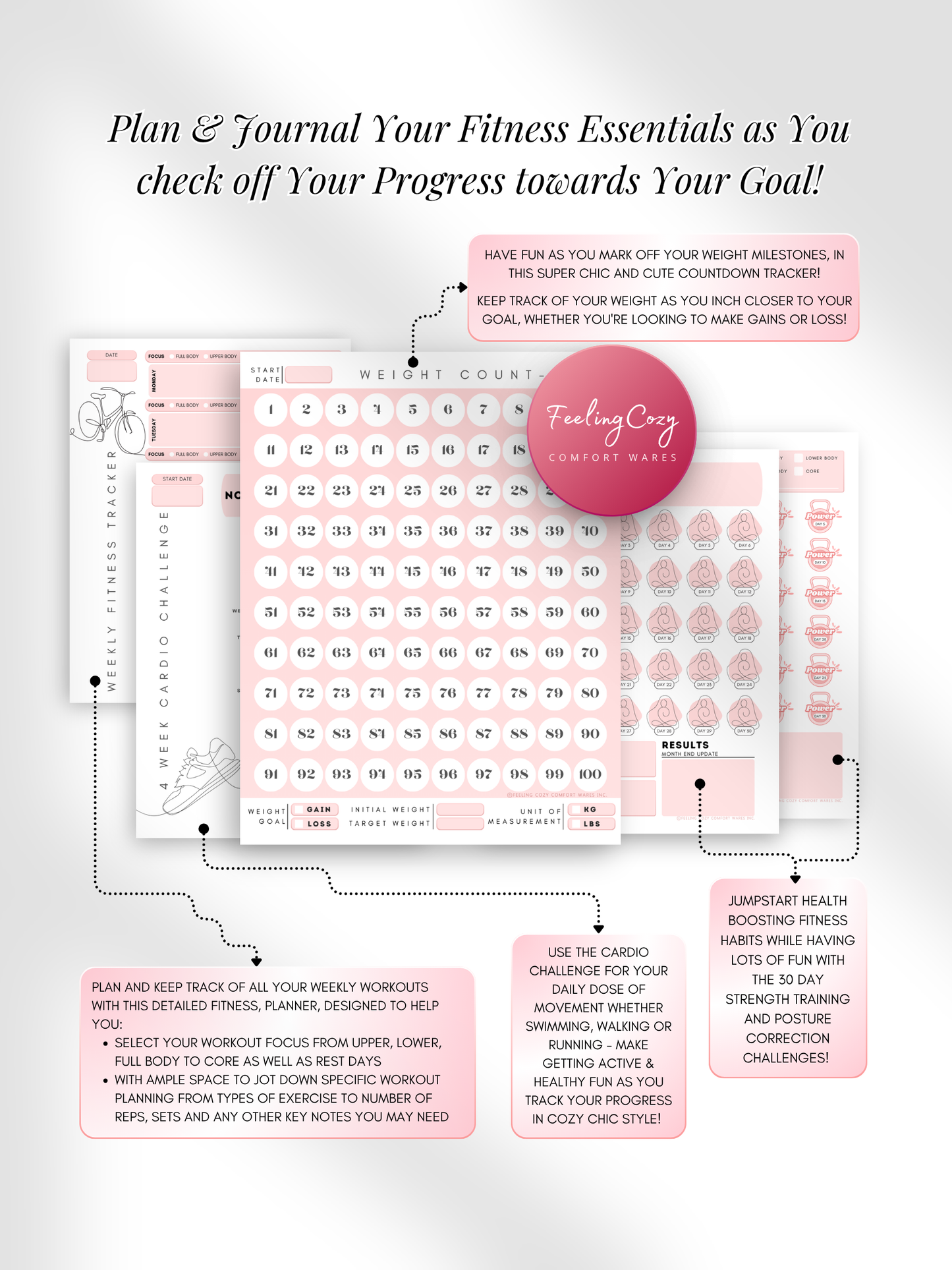 Dusted pink aesthetic Glow-Up Planner fitness journal pages, weight countdown tracker and 4 week cardio challenge, printable PDF by Feeling Cozy