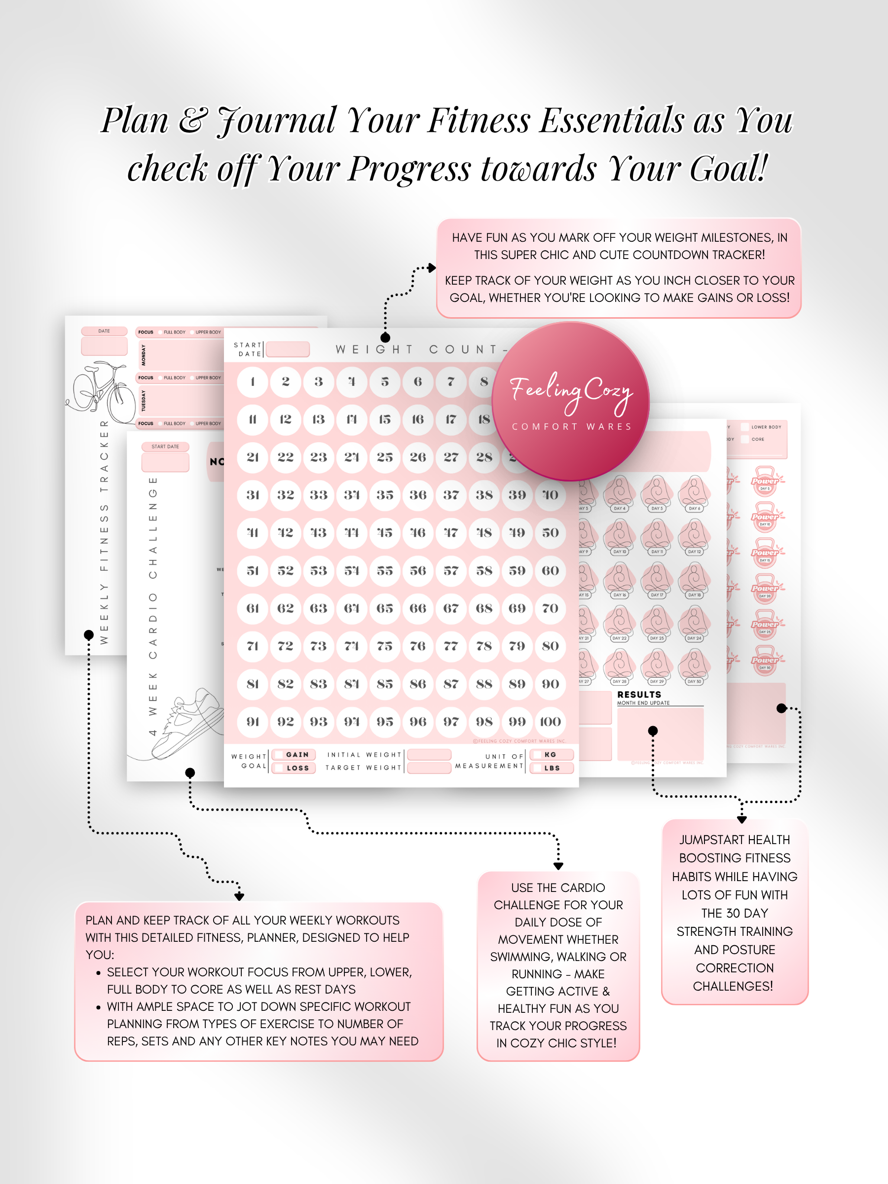 Dusted pink aesthetic Glow-Up Planner fitness journal pages, weight countdown tracker and 4 week cardio challenge, printable PDF by Feeling Cozy