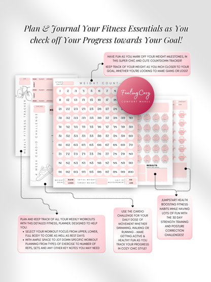 Dusted pink aesthetic Glow-Up Planner fitness journal pages, weight countdown tracker and 4 week cardio challenge, printable PDF by Feeling Cozy