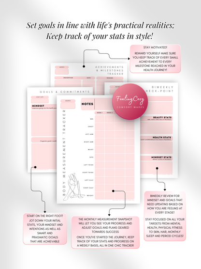 Dusted pink aesthetic Glow-Up Planner goal setting pages, body measurement tracker and achievements milestone tracker, printable PDF by Feeling Cozy