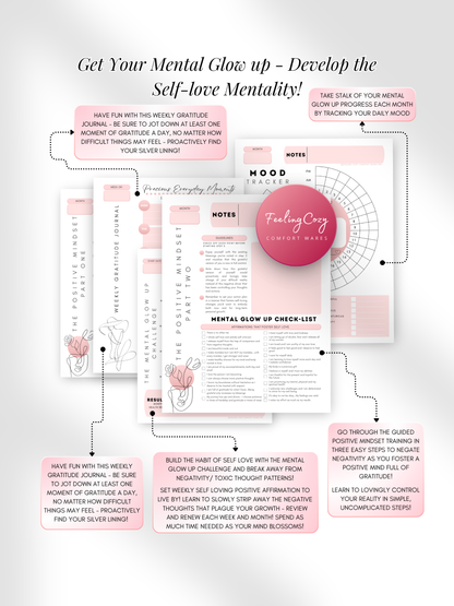 Dusted pink aesthetic Glow-Up Planner positive mindset pages, gratitude journal and mental glow-up checklist, printable PDF by Feeling Cozy