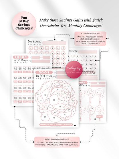 Pink printable 30-day savings challenge trackers — $100, $500, and $1000 in 30 days with No Spend challenge calendars for overwhelm-free monthly savings goals, compatible with print and Goodnotes digital insert use by Feeling Cozy