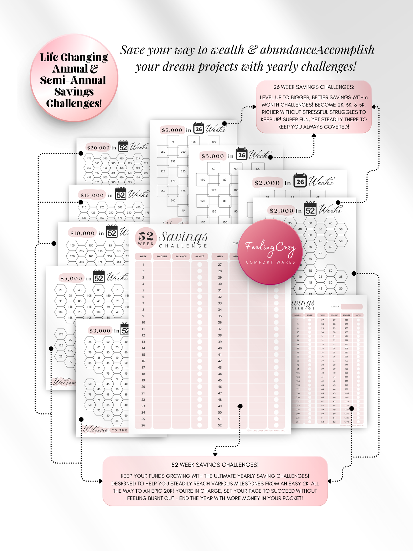 Pink printable 52-week and 26-week savings challenge trackers — hexagon-style and list-style coloring trackers for goals from $2,000 to $20,000 for print and Goodnotes digital insert use by Feeling Cozy