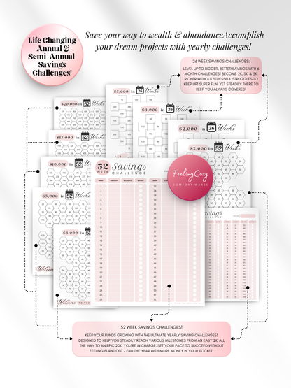 Pink printable 52-week and 26-week savings challenge trackers — hexagon-style and list-style coloring trackers for goals from $2,000 to $20,000 for print and Goodnotes digital insert use by Feeling Cozy