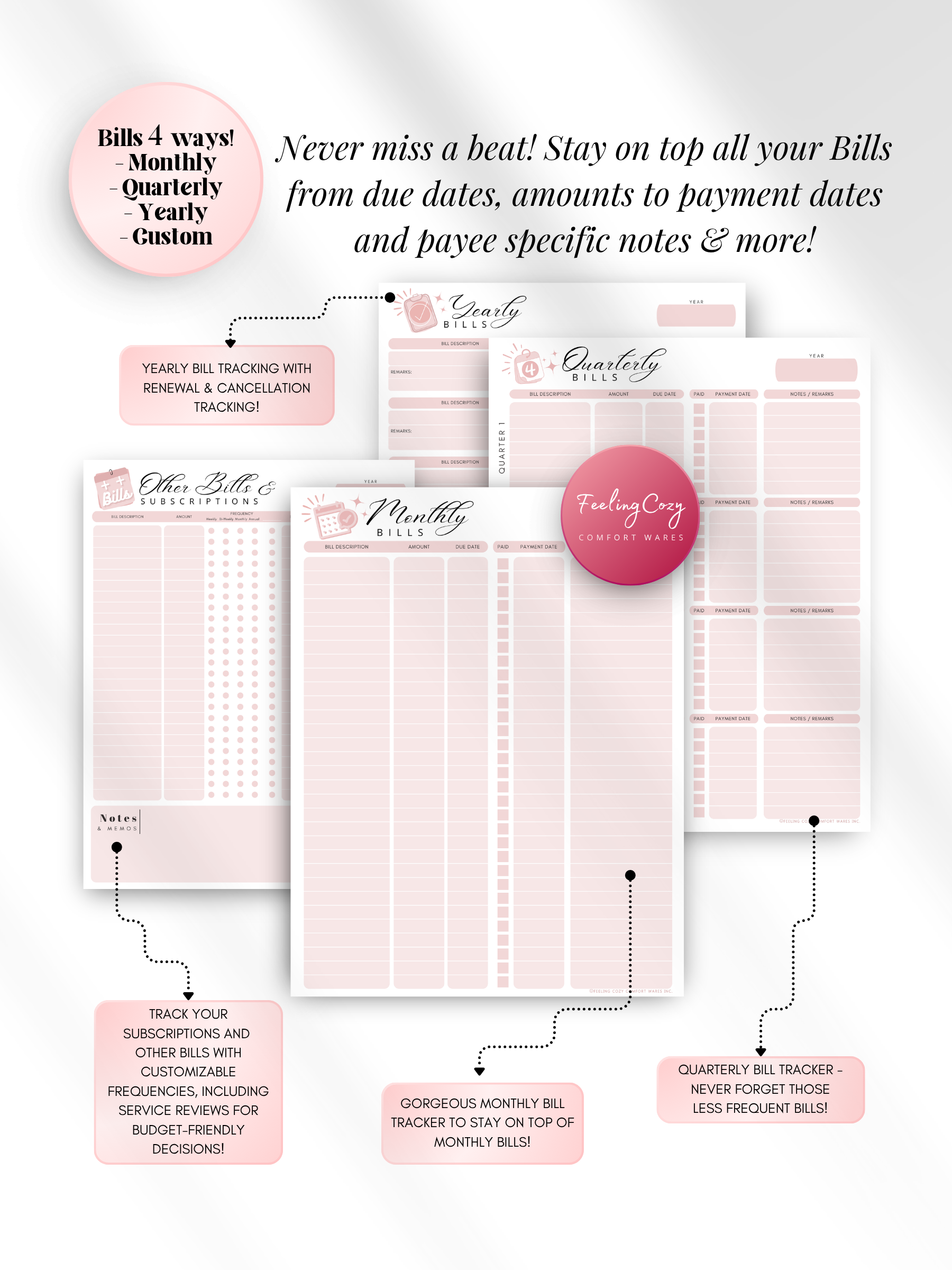 Pink printable bill payment tracker — monthly, quarterly, yearly and custom bill trackers with subscription management, due date logs, and payee notes for print and Goodnotes digital insert use by Feeling Cozy