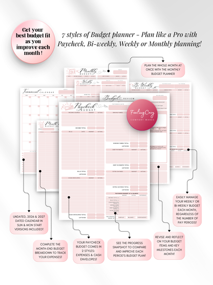 Pink printable budget planner with 7 budgeting styles — paycheck, bi-weekly, weekly, and monthly planning layouts with financial calendar for print and Goodnotes digital insert use by Feeling Cozy