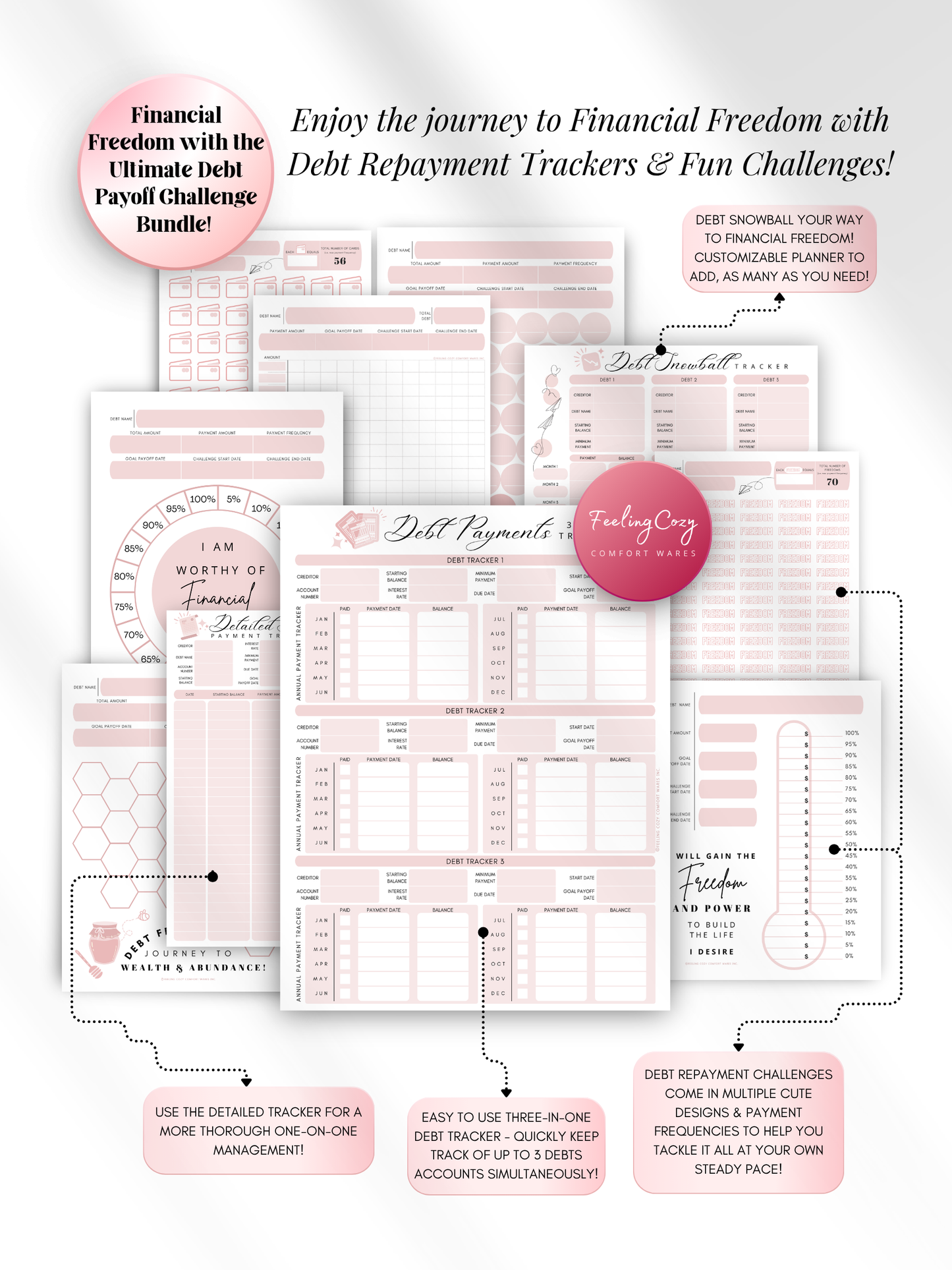 Pink printable debt payoff challenge bundle — debt snowball tracker, 3-in-1 debt payment tracker, detailed debt tracker, and motivational debt repayment challenges for print and Goodnotes digital insert use by Feeling Cozy