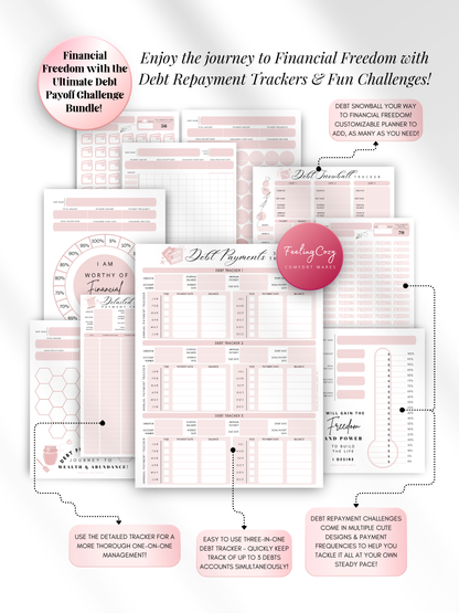 Pink printable debt payoff challenge bundle — debt snowball tracker, 3-in-1 debt payment tracker, detailed debt tracker, and motivational debt repayment challenges for print and Goodnotes digital insert use by Feeling Cozy