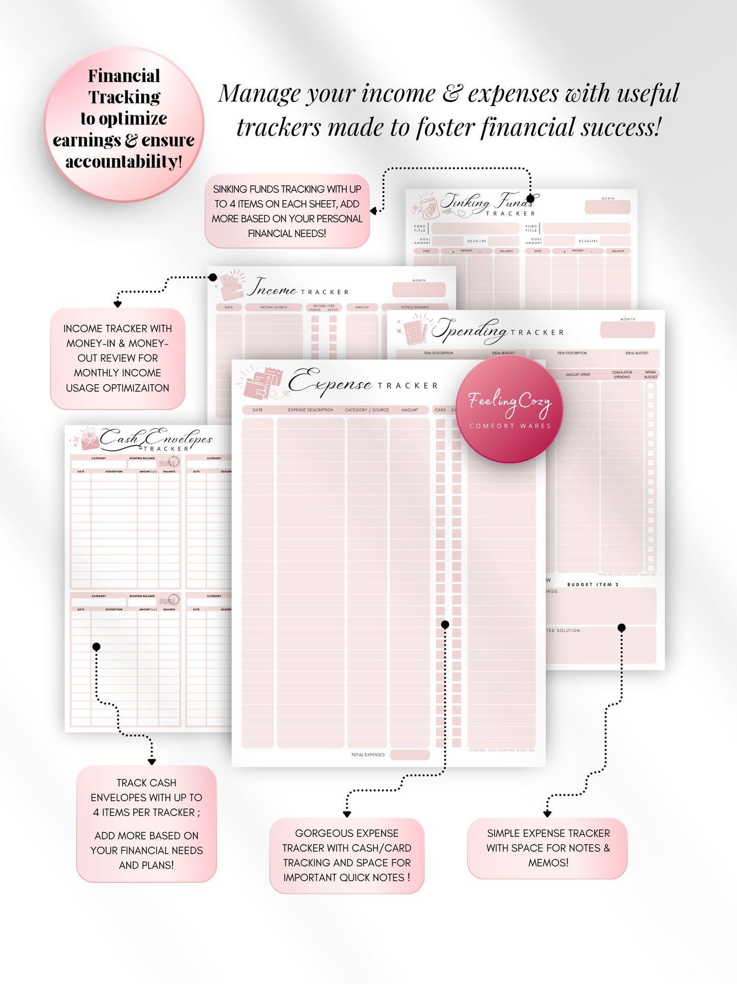 Pink printable income and expense tracker bundle — expense tracker with cash and card tracking, income tracker, spending tracker, cash envelope tracker, and sinking funds tracker for print and Goodnotes digital insert use by Feeling Cozy