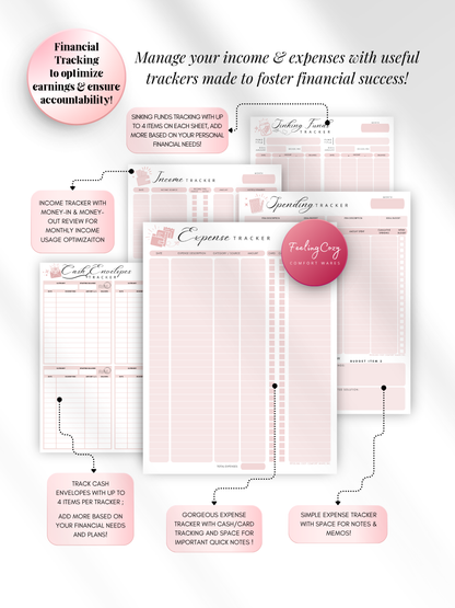 Pink printable income and expense tracker bundle — expense tracker with cash and card tracking, income tracker, spending tracker, cash envelope tracker, and sinking funds tracker for print and Goodnotes digital insert use by Feeling Cozy