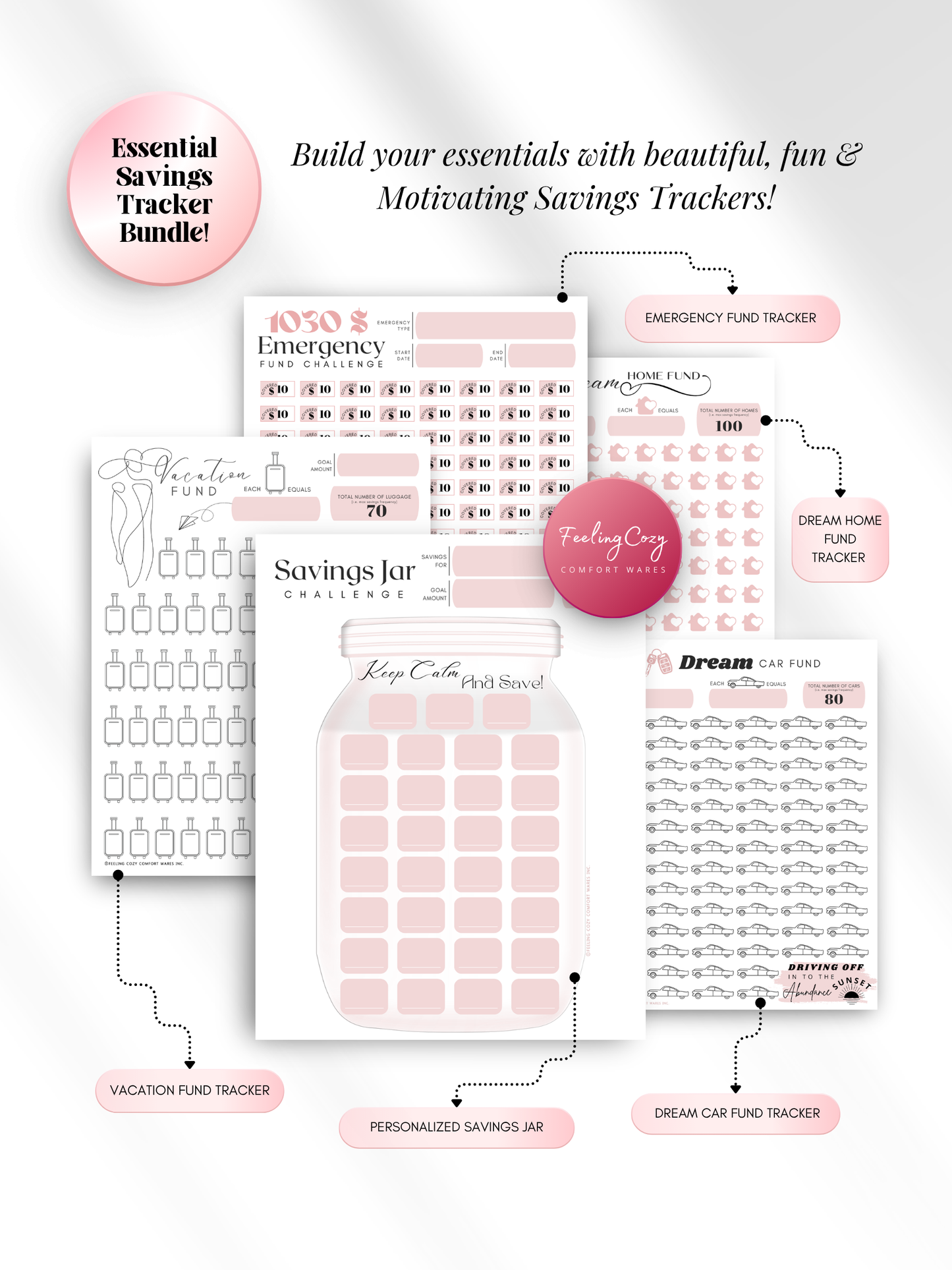 Pink printable essential savings tracker bundle — personalized savings jar challenge, emergency fund tracker, vacation fund, dream home fund, and dream car fund trackers for print and Goodnotes digital insert use by Feeling Cozy