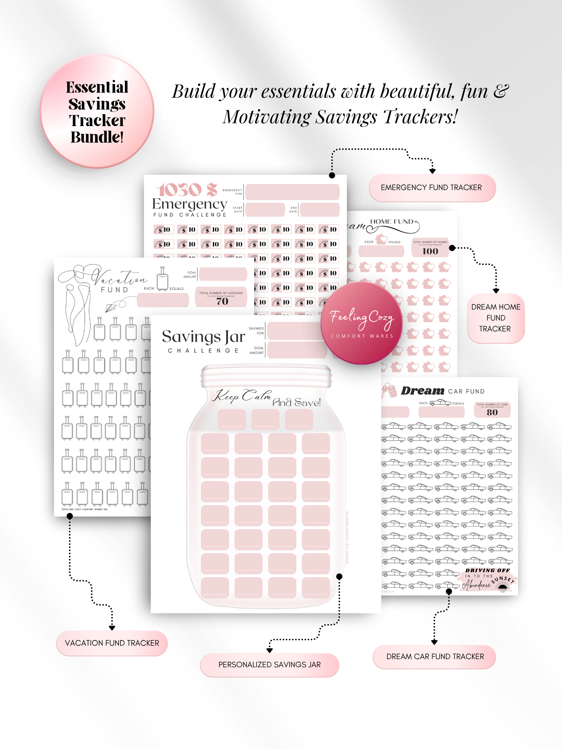 Pink printable essential savings tracker bundle — personalized savings jar challenge, emergency fund tracker, vacation fund, dream home fund, and dream car fund trackers for print and Goodnotes digital insert use by Feeling Cozy