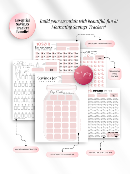 Pink printable essential savings tracker bundle — personalized savings jar challenge, emergency fund tracker, vacation fund, dream home fund, and dream car fund trackers for print and Goodnotes digital insert use by Feeling Cozy