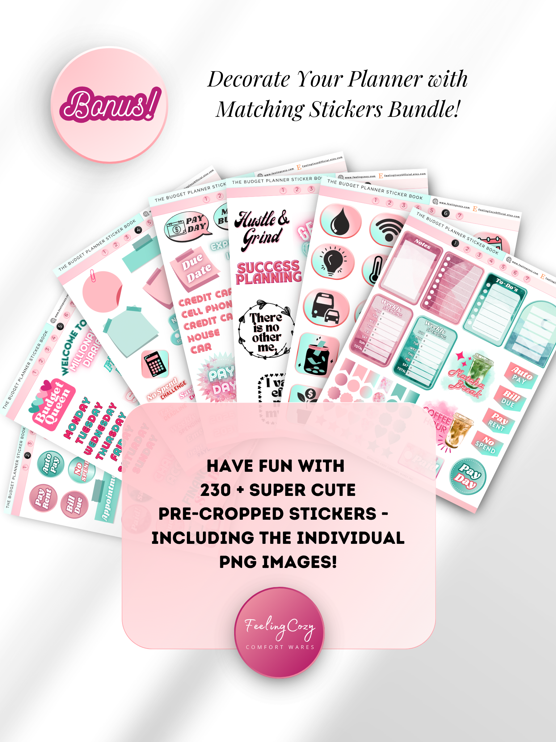 Bonus digital stickers bundle — 230+ pre-cropped aesthetic ombre budget planner stickers including Pay Day, Bill Due and No Spend labels, lifestyle icons, and transparent PNG files for Goodnotes, Notability and Penly by Feeling Cozy