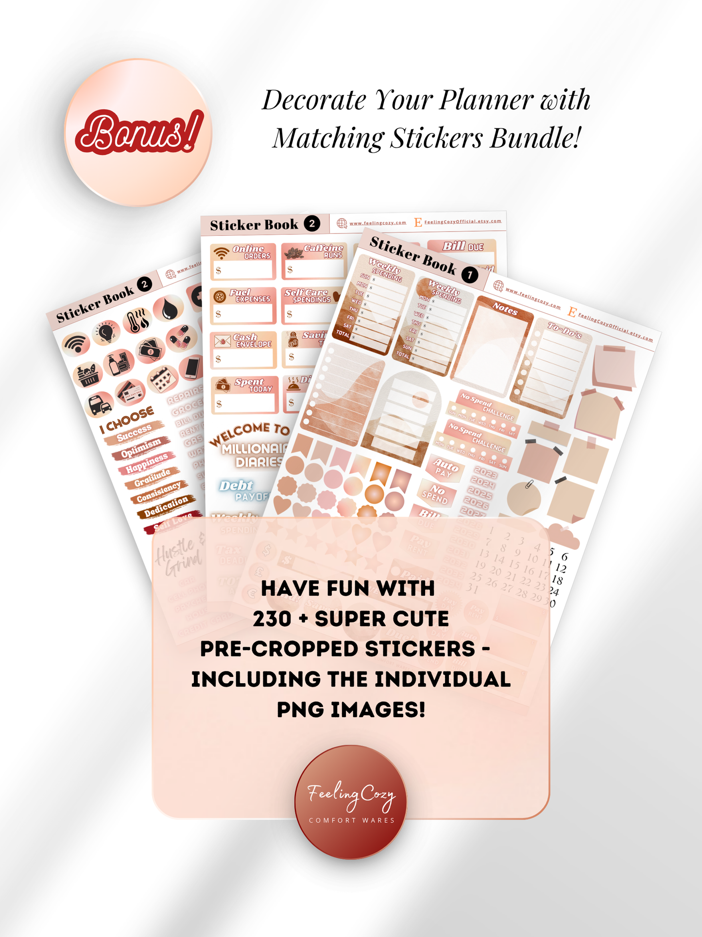 Bonus digital stickers bundle — 230+ pre-cropped aesthetic pink budget planner stickers including Pay Day, Bill Due and No Spend labels, lifestyle icons, and transparent PNG files for Goodnotes, Notability and Penly by Feeling Cozy