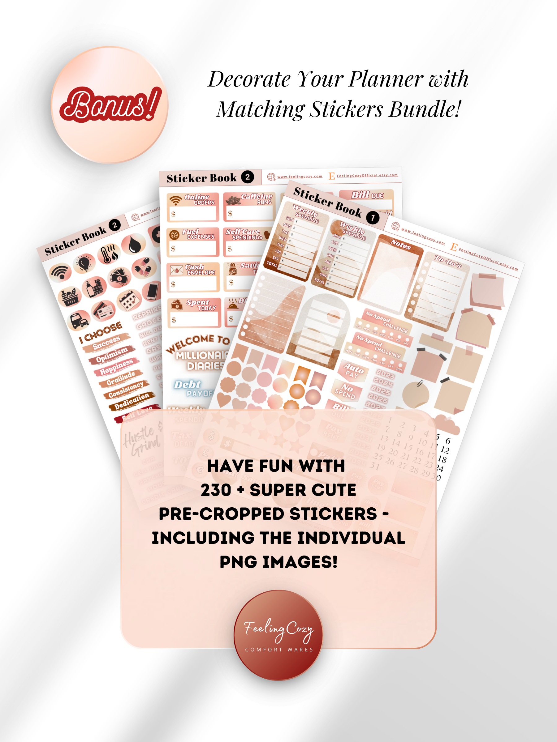 Bonus digital stickers bundle — 230+ pre-cropped aesthetic pink budget planner stickers including Pay Day, Bill Due and No Spend labels, lifestyle icons, and transparent PNG files for Goodnotes, Notability and Penly by Feeling Cozy