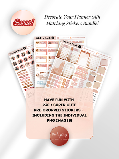 Bonus digital stickers bundle — 230+ pre-cropped aesthetic pink budget planner stickers including Pay Day, Bill Due and No Spend labels, lifestyle icons, and transparent PNG files for Goodnotes, Notability and Penly by Feeling Cozy