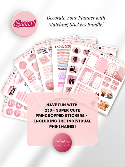 Bonus digital stickers bundle — 230+ pre-cropped aesthetic pink budget planner stickers including Pay Day, Bill Due and No Spend labels, lifestyle icons, and transparent PNG files for Goodnotes, Notability and Penly by Feeling Cozy