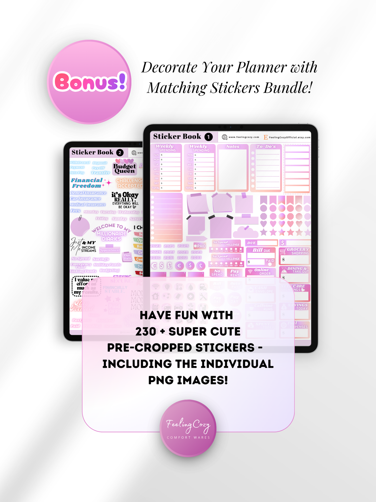 Bonus digital stickers bundle — 230+ pre-cropped aesthetic purple budget planner stickers including Pay Day, Bill Due and No Spend labels, lifestyle icons, and transparent PNG files for Goodnotes, Notability and Penly by Feeling Cozy