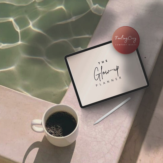 The Glow-Up Planner beige landscape flipthrough on iPad in Goodnotes — showing fitness, beauty, mindset, diet, and cycle health pages in warm neutral wide-screen landscape format by Feeling Cozy