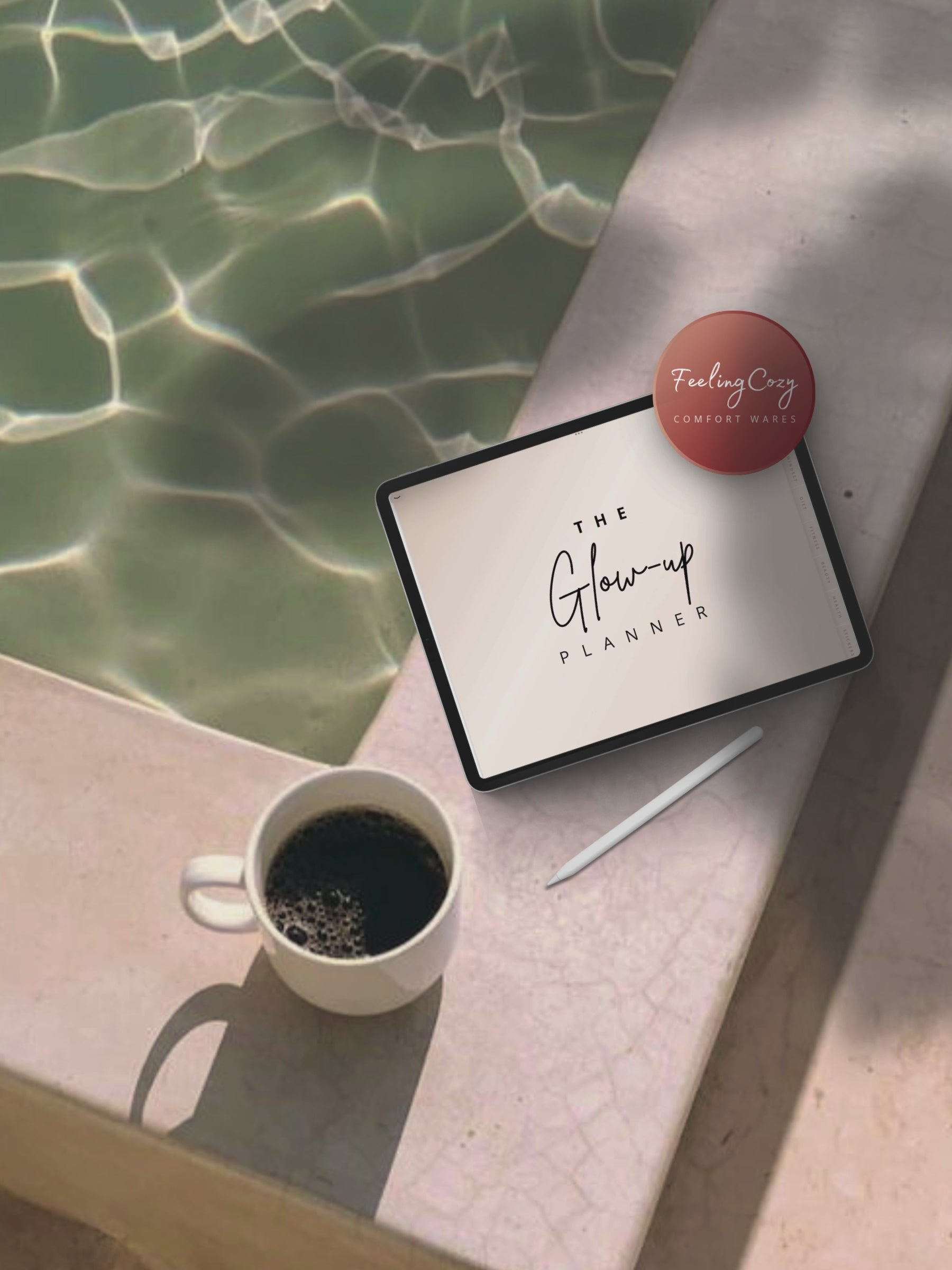 The Glow-Up Planner beige landscape flipthrough on iPad in Goodnotes — showing fitness, beauty, mindset, diet, and cycle health pages in warm neutral wide-screen landscape format by Feeling Cozy
