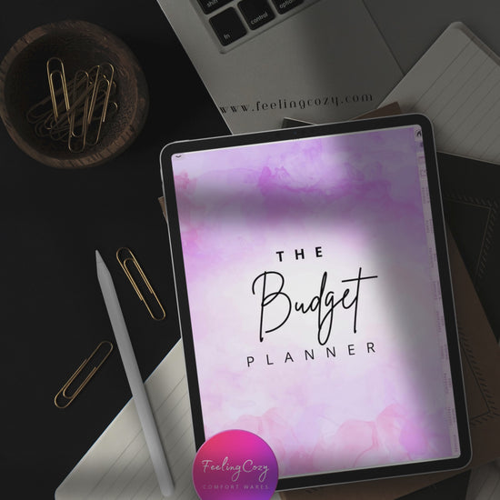 Purple aesthetic digital budget planner flipthrough on iPad in Goodnotes — annual goals, monthly budgets, bill tracking, debt snowball, and savings challenge pages by Feeling Cozy