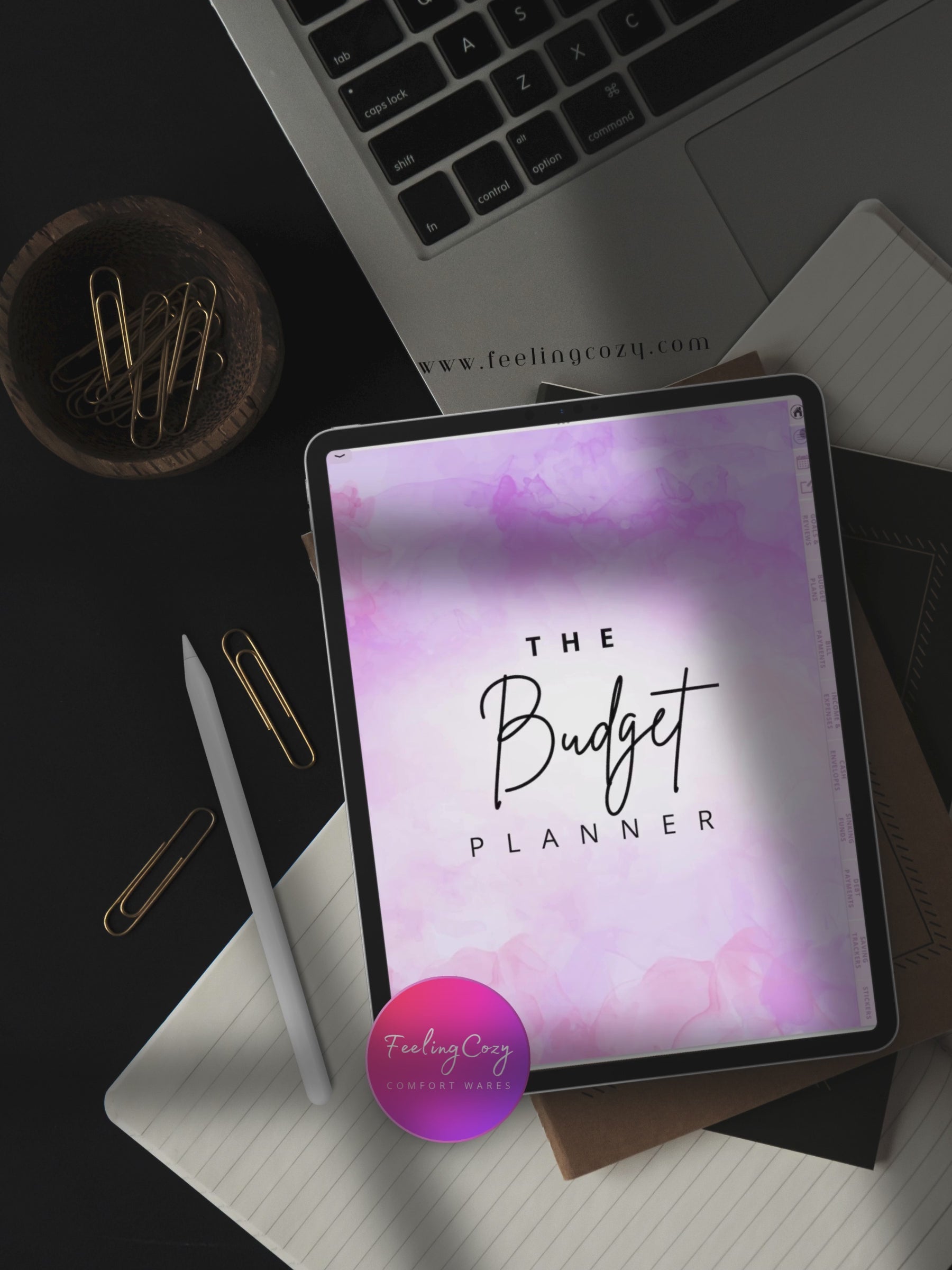 Purple aesthetic digital budget planner flipthrough on iPad in Goodnotes — annual goals, monthly budgets, bill tracking, debt snowball, and savings challenge pages by Feeling Cozy