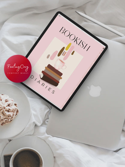 The Bookish Diaries digital reading journal open on iPad beside a coffee cup, lifestyle preview by Feeling Cozy