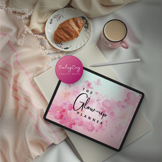 The Glow-Up Planner ombre floral landscape flipthrough on iPad in Goodnotes — showing fitness, beauty, mindset, diet, and cycle health pages in wide-screen landscape format by Feeling Cozy
