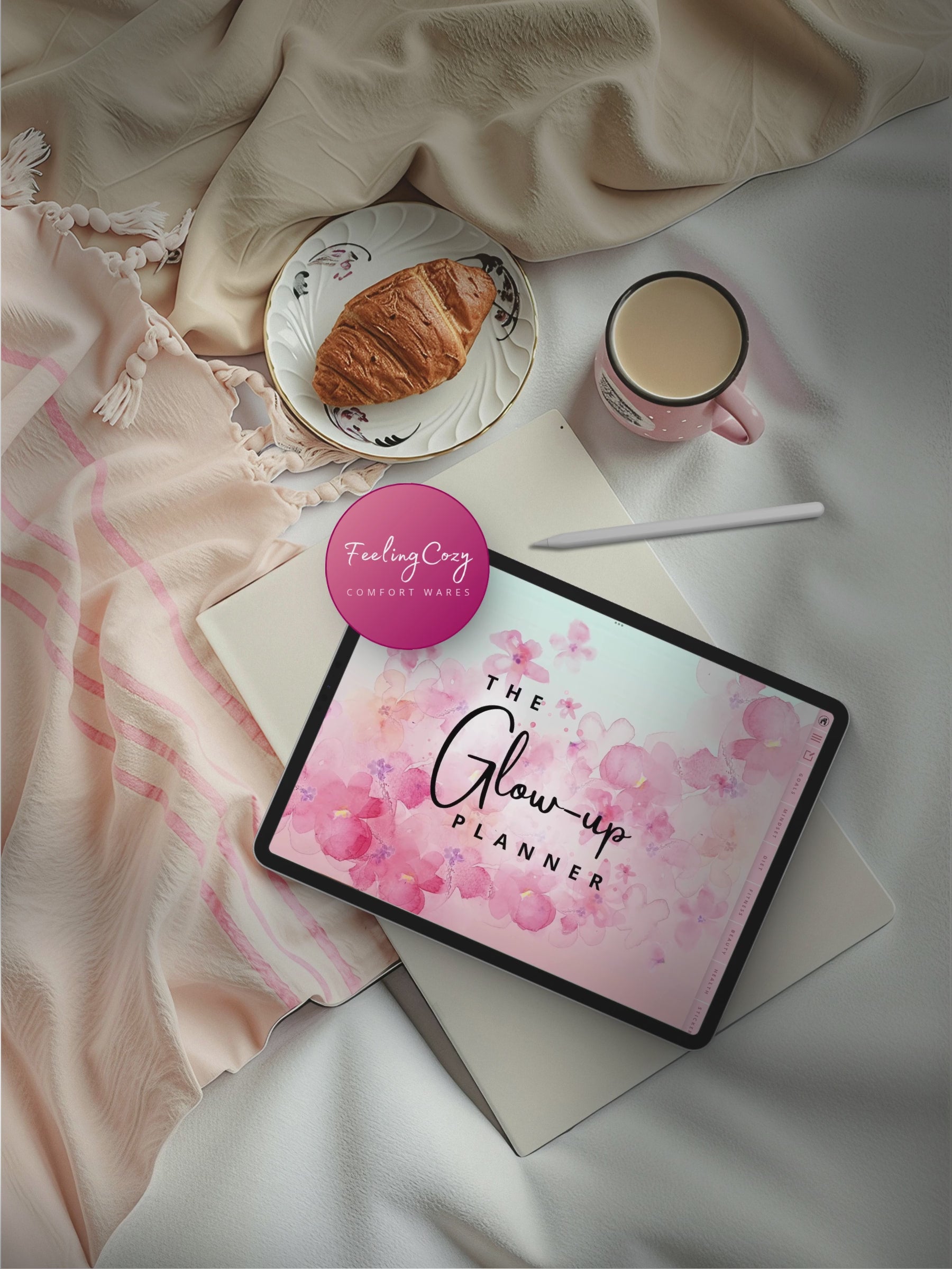 The Glow-Up Planner ombre floral landscape flipthrough on iPad in Goodnotes — showing fitness, beauty, mindset, diet, and cycle health pages in wide-screen landscape format by Feeling Cozy