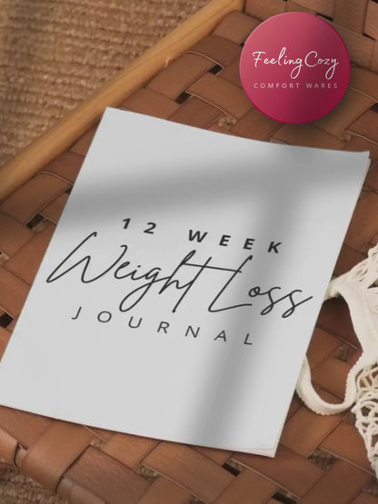 Black and white printable 12 week weight loss journal lifestyle preview, minimalist fitness planner by Feeling Cozy