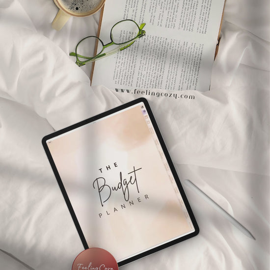 Beige aesthetic digital budget planner flipthrough on iPad in Goodnotes — annual goals, monthly budgets, bill tracking, debt snowball, and savings challenge pages by Feeling Cozy