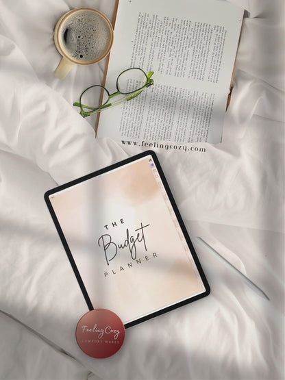Beige aesthetic digital budget planner flipthrough on iPad in Goodnotes — annual goals, monthly budgets, bill tracking, debt snowball, and savings challenge pages by Feeling Cozy