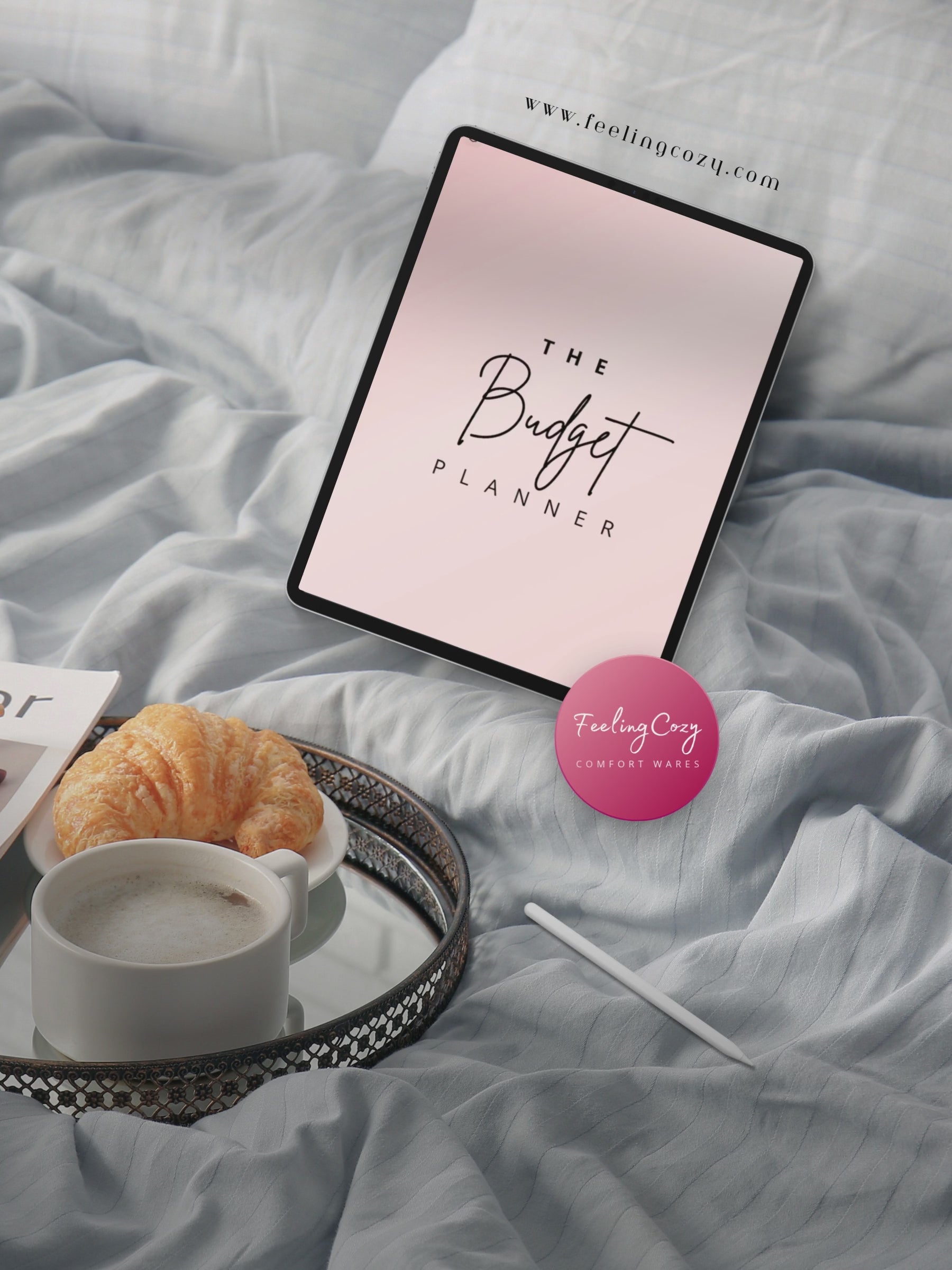 Pink aesthetic digital budget planner flipthrough on iPad in GoodNotes — annual goals, monthly budgets, bill tracking, debt snowball, and savings challenge pages by Feeling Cozy