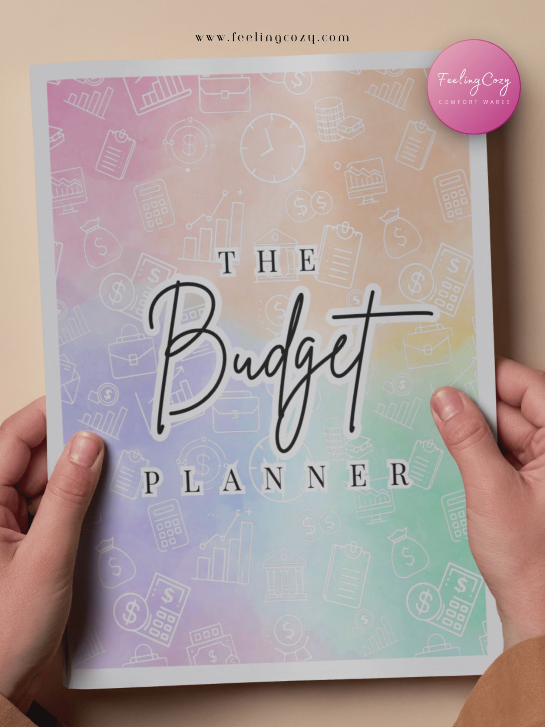 Aesthetic ADHD budget planner printable flipthrough — showing colorful weekly, biweekly, monthly budget pages, debt trackers, and savings challenges compatible with Goodnotes by Feeling Cozy
