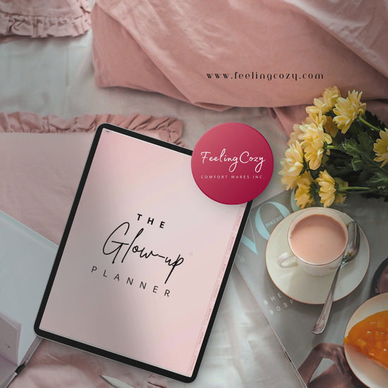 The Glow-Up Planner flipthrough on iPad in Goodnotes — showing fitness, beauty, mindset, diet, and cycle health pages for an all-in-one digital wellness program by Feeling Cozy