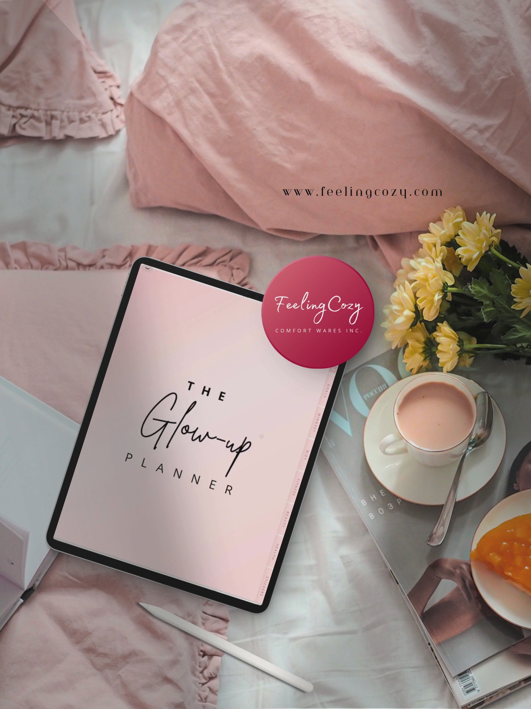The Glow-Up Planner flipthrough on iPad in Goodnotes — showing fitness, beauty, mindset, diet, and cycle health pages for an all-in-one digital wellness program by Feeling Cozy