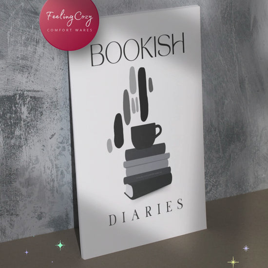 Black and white Bookish Diaries printable reading journal standing upright, minimalist lifestyle preview, print plan enjoy by Feeling Cozy