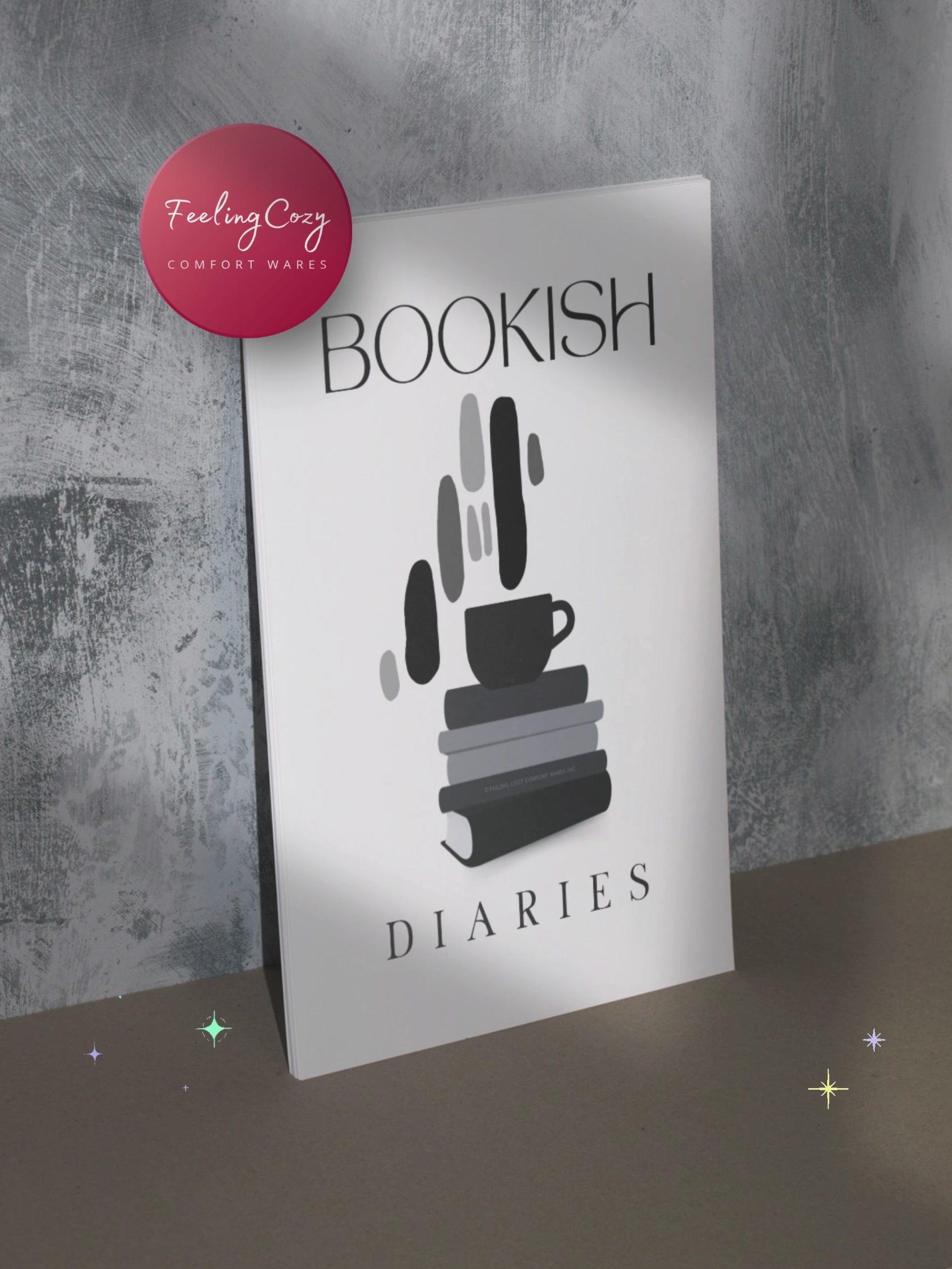 Black and white Bookish Diaries printable reading journal standing upright, minimalist lifestyle preview, print plan enjoy by Feeling Cozy
