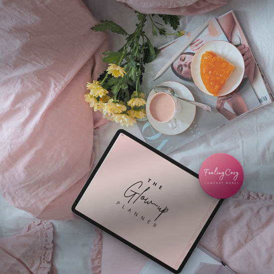 The Glow-Up Planner pink landscape flipthrough on iPad in Goodnotes — showing fitness, beauty, mindset, diet, and cycle health pages in wide-screen landscape format by Feeling Cozy