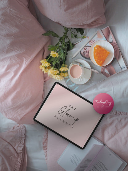 The Glow-Up Planner pink landscape flipthrough on iPad in Goodnotes — showing fitness, beauty, mindset, diet, and cycle health pages in wide-screen landscape format by Feeling Cozy