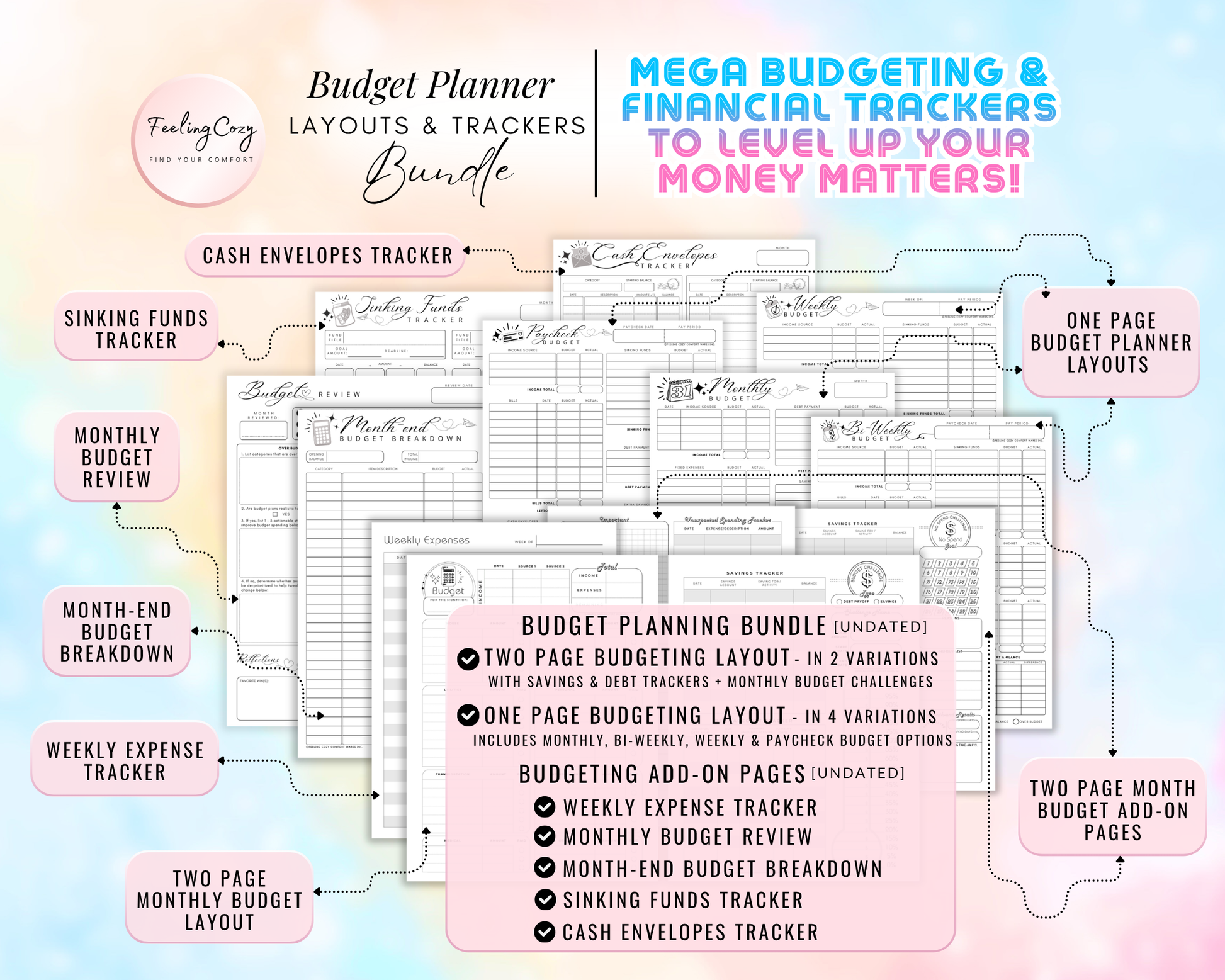 Mega budgeting and financial tracker bundle for Happy Planners. Includes one-page and two-page layouts for monthly, bi-weekly, weekly, and paycheck budgeting. Features sinking funds trackers, cash envelope logs, weekly expense trackers, and monthly budget reviews in minimalist black and white.